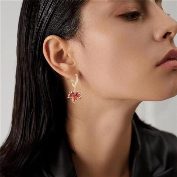 Crystal Maple Leaf Earrings | Sparkly Orange Red Dangle Drops - Picture 2 of 7